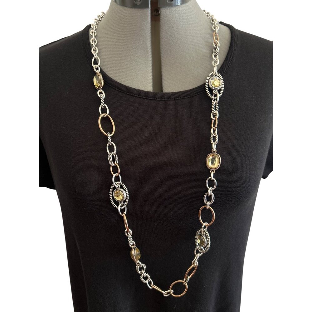 Premier Designs Hampton Necklace W/ Mixed Metal Detail & Yellow Accents 39"